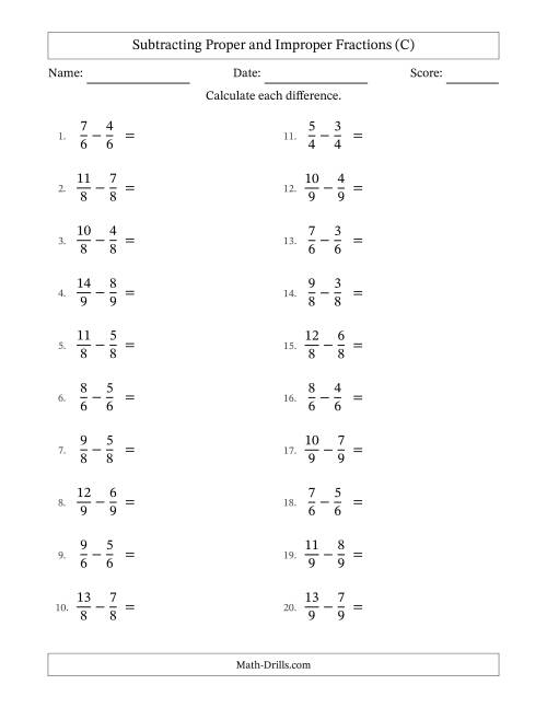 The Subtracting Proper and Improper Fractions with Equal Denominators, Proper Fractions Results and All Simplifying (C) Math Worksheet