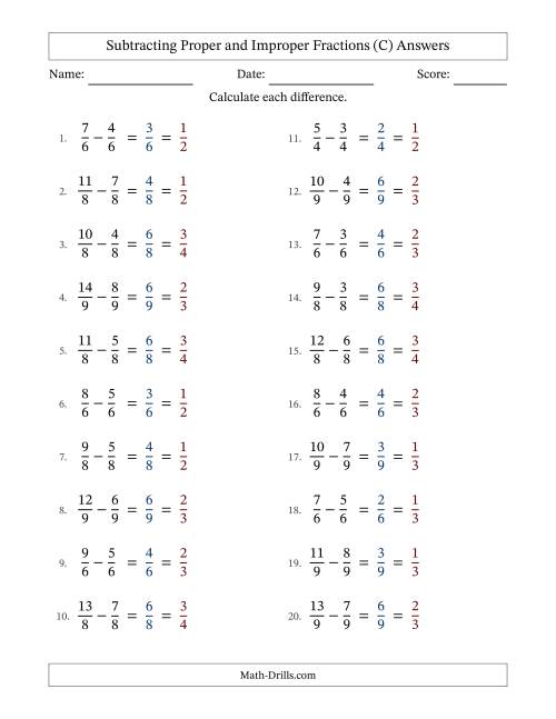 The Subtracting Proper and Improper Fractions with Equal Denominators, Proper Fractions Results and All Simplifying (C) Math Worksheet Page 2