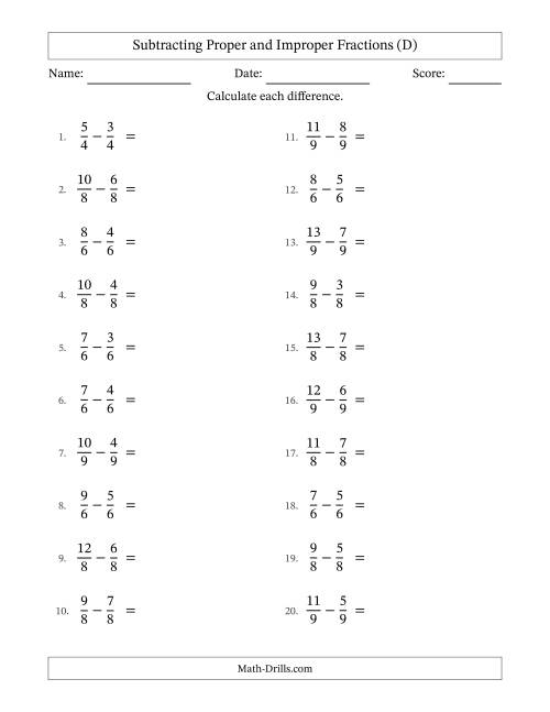 The Subtracting Proper and Improper Fractions with Equal Denominators, Proper Fractions Results and All Simplifying (D) Math Worksheet