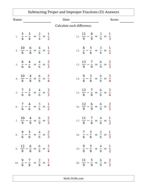 The Subtracting Proper and Improper Fractions with Equal Denominators, Proper Fractions Results and All Simplifying (D) Math Worksheet Page 2