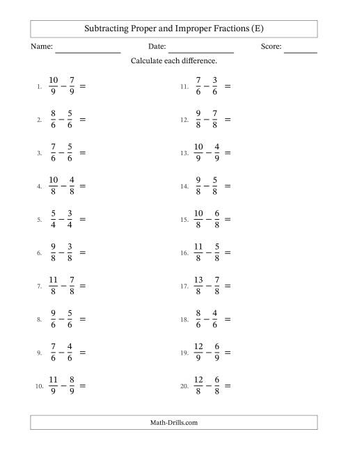 The Subtracting Proper and Improper Fractions with Equal Denominators, Proper Fractions Results and All Simplifying (E) Math Worksheet