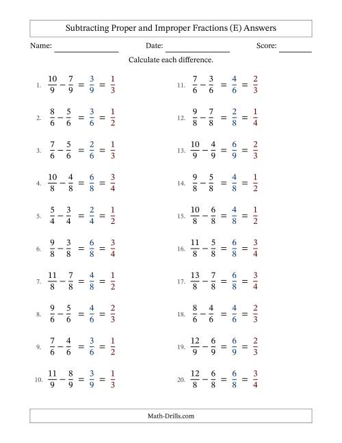 The Subtracting Proper and Improper Fractions with Equal Denominators, Proper Fractions Results and All Simplifying (E) Math Worksheet Page 2