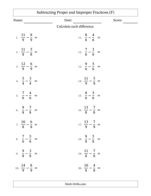 The Subtracting Proper and Improper Fractions with Equal Denominators, Proper Fractions Results and All Simplifying (F) Math Worksheet