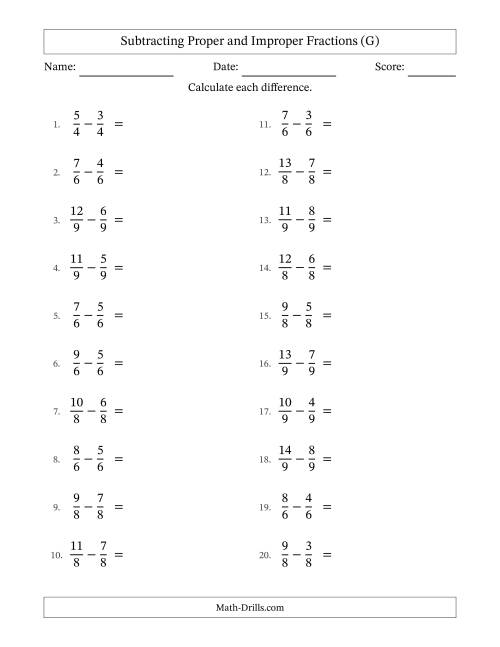 The Subtracting Proper and Improper Fractions with Equal Denominators, Proper Fractions Results and All Simplifying (G) Math Worksheet