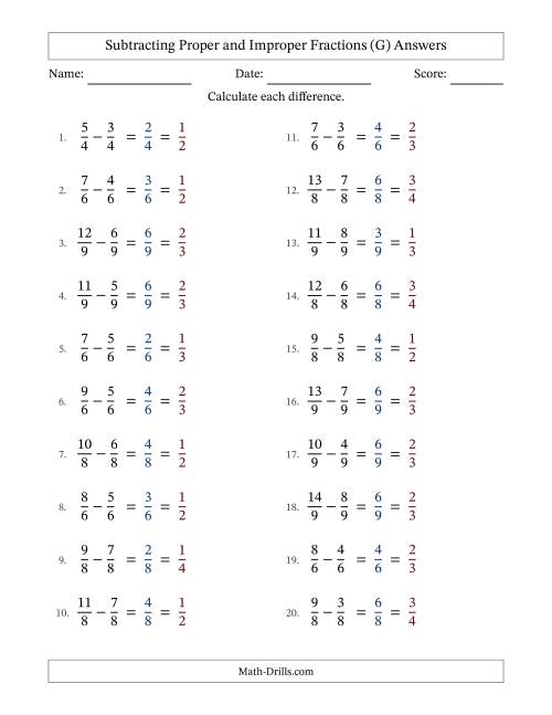 The Subtracting Proper and Improper Fractions with Equal Denominators, Proper Fractions Results and All Simplifying (G) Math Worksheet Page 2