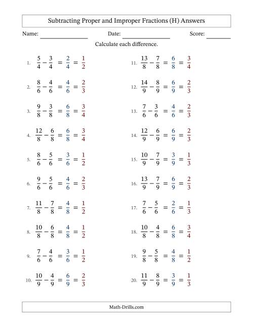 The Subtracting Proper and Improper Fractions with Equal Denominators, Proper Fractions Results and All Simplifying (H) Math Worksheet Page 2