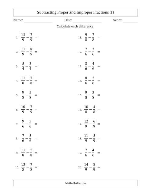 The Subtracting Proper and Improper Fractions with Equal Denominators, Proper Fractions Results and All Simplifying (I) Math Worksheet