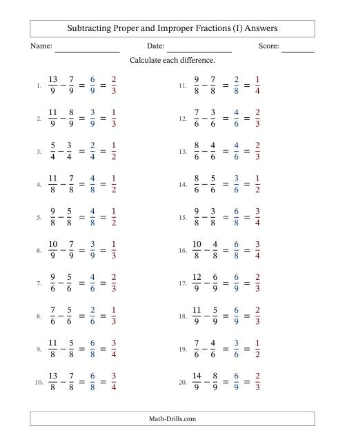 The Subtracting Proper and Improper Fractions with Equal Denominators, Proper Fractions Results and All Simplifying (I) Math Worksheet Page 2