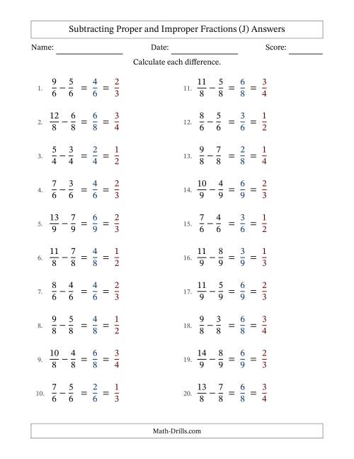 The Subtracting Proper and Improper Fractions with Equal Denominators, Proper Fractions Results and All Simplifying (J) Math Worksheet Page 2