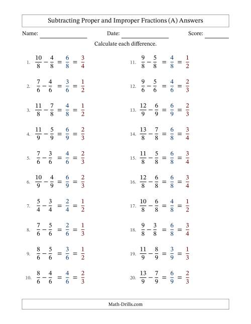 The Subtracting Proper and Improper Fractions with Equal Denominators, Proper Fractions Results and All Simplifying (All) Math Worksheet Page 2