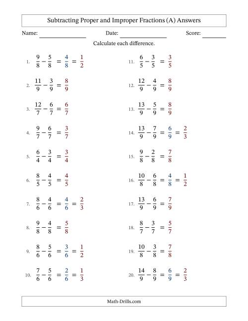 The Subtracting Proper and Improper Fractions with Equal Denominators, Proper Fractions Results and Some Simplifying (A) Math Worksheet Page 2