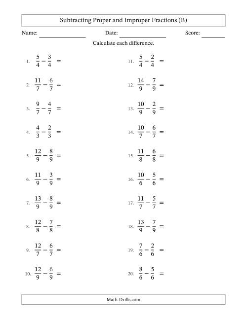 The Subtracting Proper and Improper Fractions with Equal Denominators, Proper Fractions Results and Some Simplifying (B) Math Worksheet