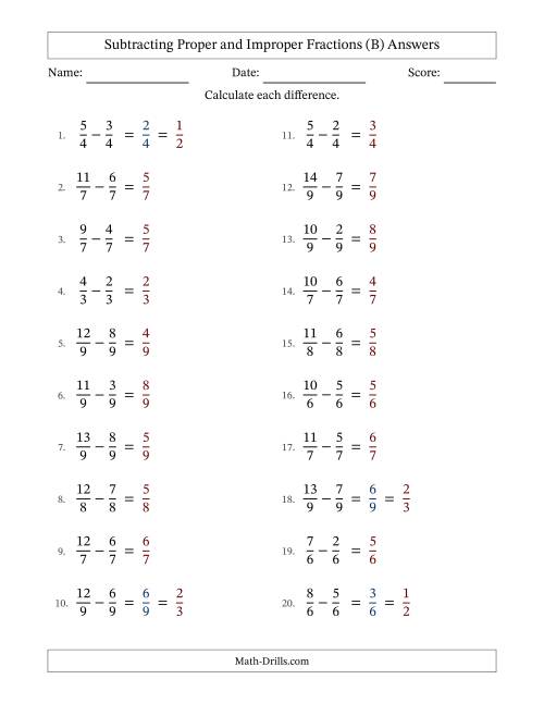 The Subtracting Proper and Improper Fractions with Equal Denominators, Proper Fractions Results and Some Simplifying (B) Math Worksheet Page 2