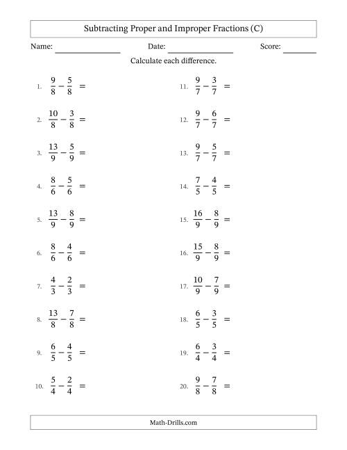 The Subtracting Proper and Improper Fractions with Equal Denominators, Proper Fractions Results and Some Simplifying (C) Math Worksheet