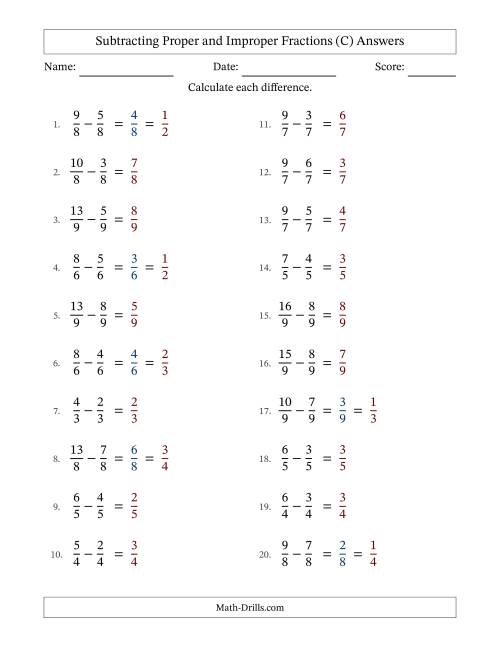 The Subtracting Proper and Improper Fractions with Equal Denominators, Proper Fractions Results and Some Simplifying (C) Math Worksheet Page 2