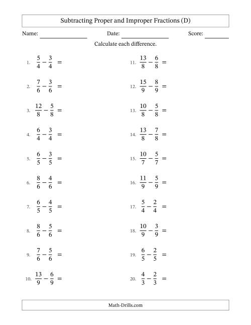 The Subtracting Proper and Improper Fractions with Equal Denominators, Proper Fractions Results and Some Simplifying (D) Math Worksheet