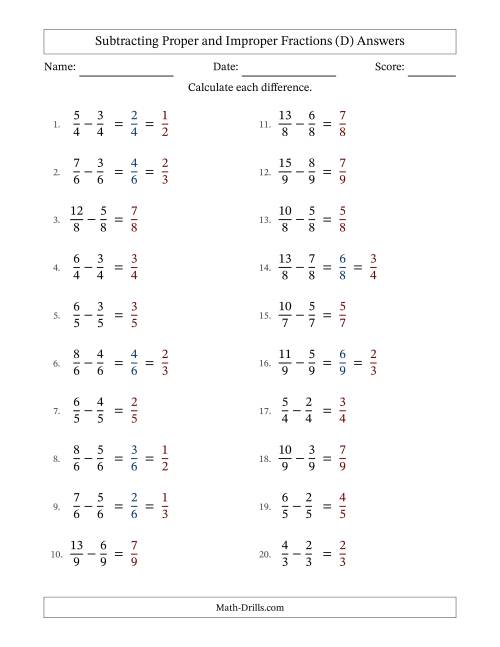 The Subtracting Proper and Improper Fractions with Equal Denominators, Proper Fractions Results and Some Simplifying (D) Math Worksheet Page 2
