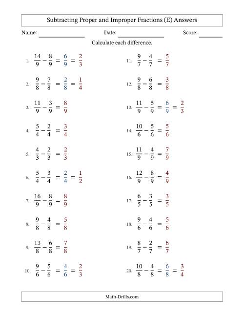 The Subtracting Proper and Improper Fractions with Equal Denominators, Proper Fractions Results and Some Simplifying (E) Math Worksheet Page 2
