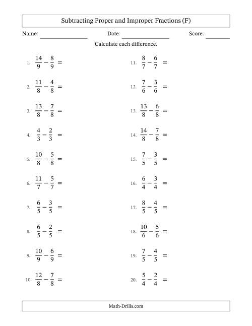 The Subtracting Proper and Improper Fractions with Equal Denominators, Proper Fractions Results and Some Simplifying (F) Math Worksheet