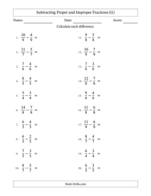 The Subtracting Proper and Improper Fractions with Equal Denominators, Proper Fractions Results and Some Simplifying (G) Math Worksheet