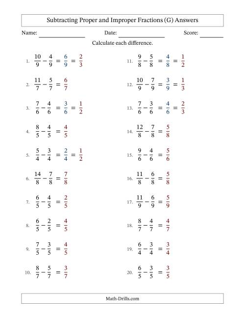 The Subtracting Proper and Improper Fractions with Equal Denominators, Proper Fractions Results and Some Simplifying (G) Math Worksheet Page 2