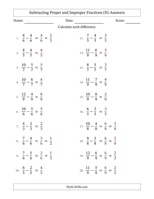 The Subtracting Proper and Improper Fractions with Equal Denominators, Proper Fractions Results and Some Simplifying (H) Math Worksheet Page 2