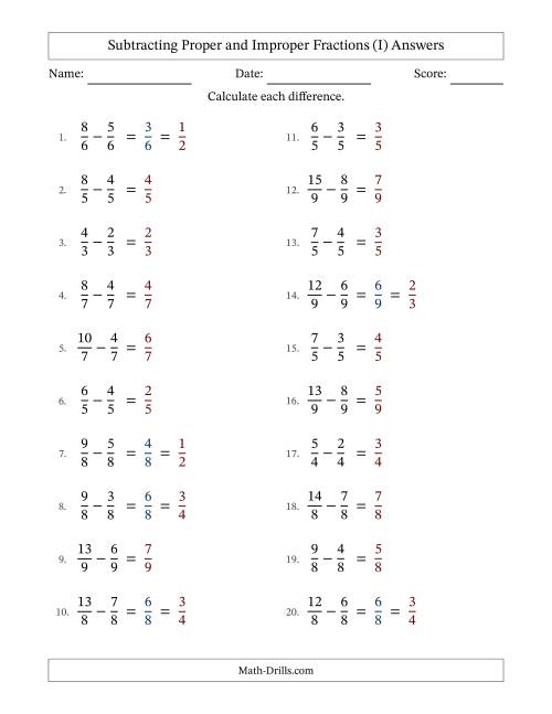 The Subtracting Proper and Improper Fractions with Equal Denominators, Proper Fractions Results and Some Simplifying (I) Math Worksheet Page 2