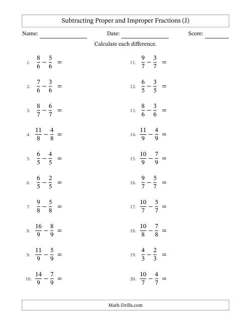 The Subtracting Proper and Improper Fractions with Equal Denominators, Proper Fractions Results and Some Simplifying (J) Math Worksheet
