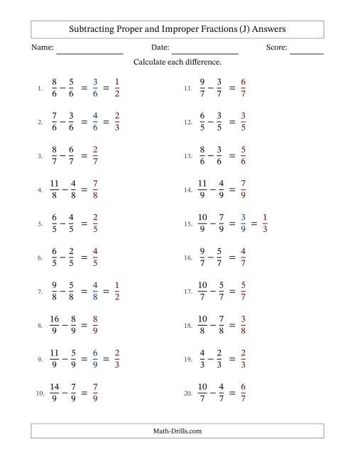 The Subtracting Proper and Improper Fractions with Equal Denominators, Proper Fractions Results and Some Simplifying (J) Math Worksheet Page 2