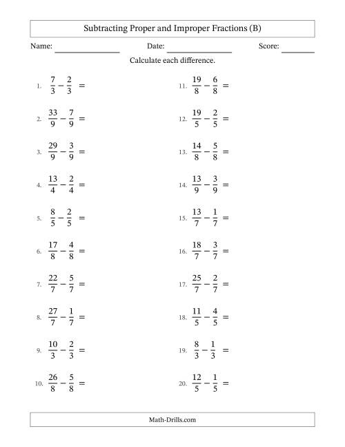 The Subtracting Proper and Improper Fractions with Equal Denominators, Mixed Fractions Results and No Simplifying (B) Math Worksheet