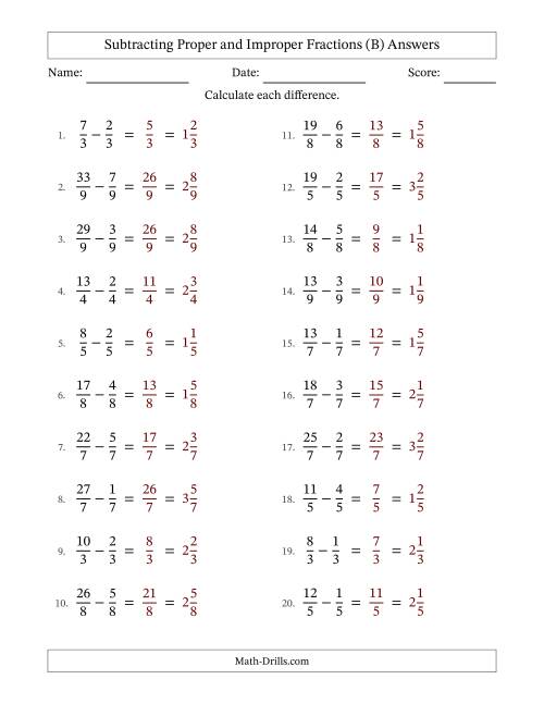 The Subtracting Proper and Improper Fractions with Equal Denominators, Mixed Fractions Results and No Simplifying (B) Math Worksheet Page 2