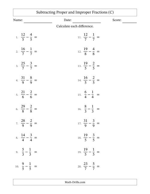 The Subtracting Proper and Improper Fractions with Equal Denominators, Mixed Fractions Results and No Simplifying (C) Math Worksheet