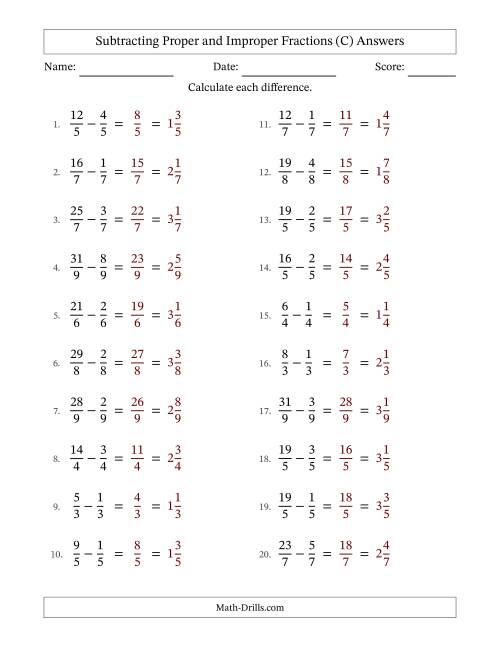 The Subtracting Proper and Improper Fractions with Equal Denominators, Mixed Fractions Results and No Simplifying (C) Math Worksheet Page 2