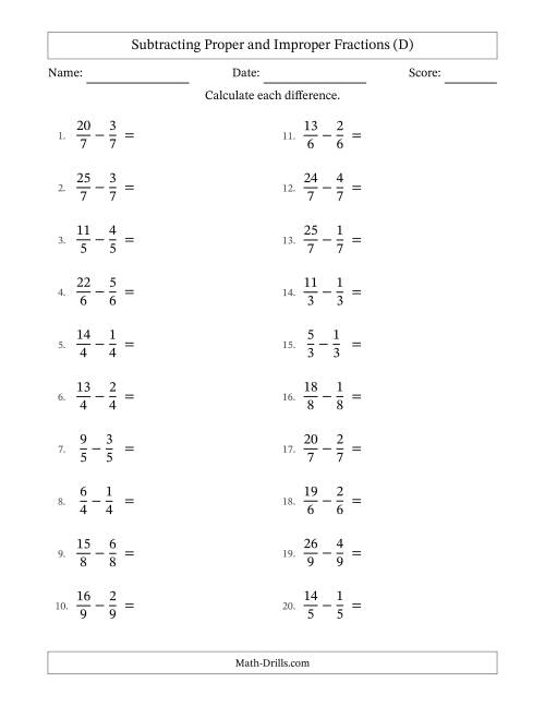 The Subtracting Proper and Improper Fractions with Equal Denominators, Mixed Fractions Results and No Simplifying (D) Math Worksheet