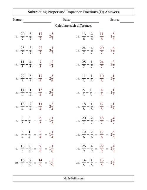 The Subtracting Proper and Improper Fractions with Equal Denominators, Mixed Fractions Results and No Simplifying (D) Math Worksheet Page 2