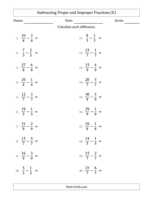 The Subtracting Proper and Improper Fractions with Equal Denominators, Mixed Fractions Results and No Simplifying (E) Math Worksheet