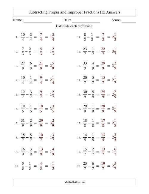 The Subtracting Proper and Improper Fractions with Equal Denominators, Mixed Fractions Results and No Simplifying (E) Math Worksheet Page 2