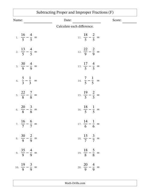 The Subtracting Proper and Improper Fractions with Equal Denominators, Mixed Fractions Results and No Simplifying (F) Math Worksheet