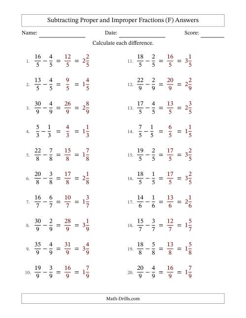 The Subtracting Proper and Improper Fractions with Equal Denominators, Mixed Fractions Results and No Simplifying (F) Math Worksheet Page 2