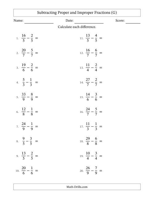 The Subtracting Proper and Improper Fractions with Equal Denominators, Mixed Fractions Results and No Simplifying (G) Math Worksheet