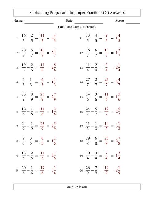 The Subtracting Proper and Improper Fractions with Equal Denominators, Mixed Fractions Results and No Simplifying (G) Math Worksheet Page 2