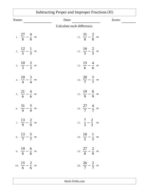 The Subtracting Proper and Improper Fractions with Equal Denominators, Mixed Fractions Results and No Simplifying (H) Math Worksheet
