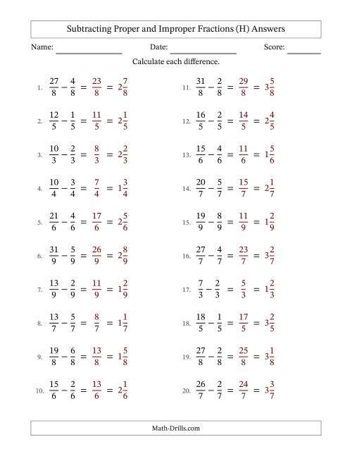 The Subtracting Proper and Improper Fractions with Equal Denominators, Mixed Fractions Results and No Simplifying (H) Math Worksheet Page 2