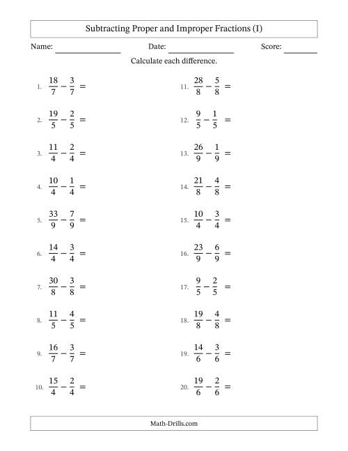The Subtracting Proper and Improper Fractions with Equal Denominators, Mixed Fractions Results and No Simplifying (I) Math Worksheet