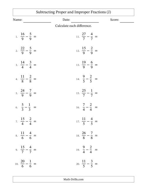 The Subtracting Proper and Improper Fractions with Equal Denominators, Mixed Fractions Results and No Simplifying (J) Math Worksheet