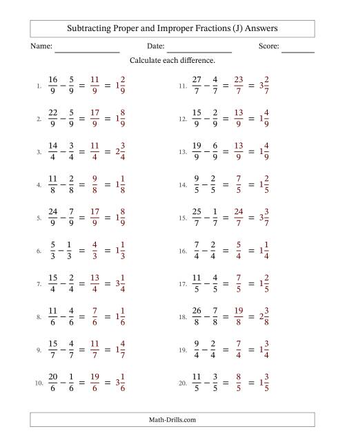 The Subtracting Proper and Improper Fractions with Equal Denominators, Mixed Fractions Results and No Simplifying (J) Math Worksheet Page 2