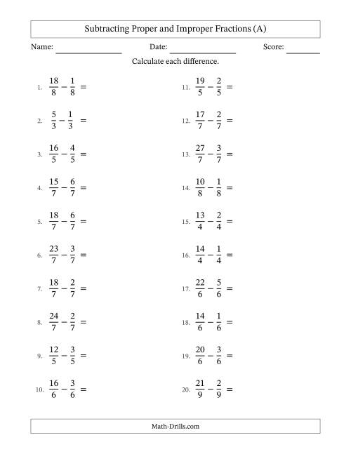 The Subtracting Proper and Improper Fractions with Equal Denominators, Mixed Fractions Results and No Simplifying (All) Math Worksheet
