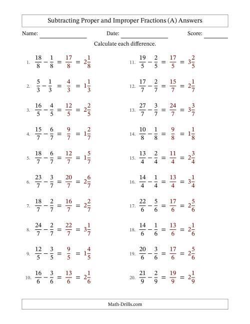 The Subtracting Proper and Improper Fractions with Equal Denominators, Mixed Fractions Results and No Simplifying (All) Math Worksheet Page 2