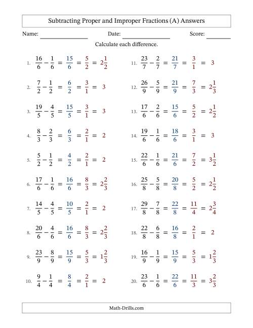 The Subtracting Proper and Improper Fractions with Equal Denominators, Mixed Fractions Results and All Simplifying (A) Math Worksheet Page 2