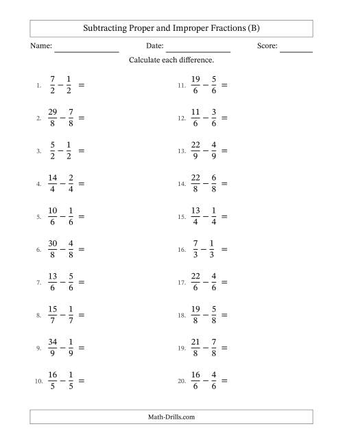 The Subtracting Proper and Improper Fractions with Equal Denominators, Mixed Fractions Results and All Simplifying (B) Math Worksheet